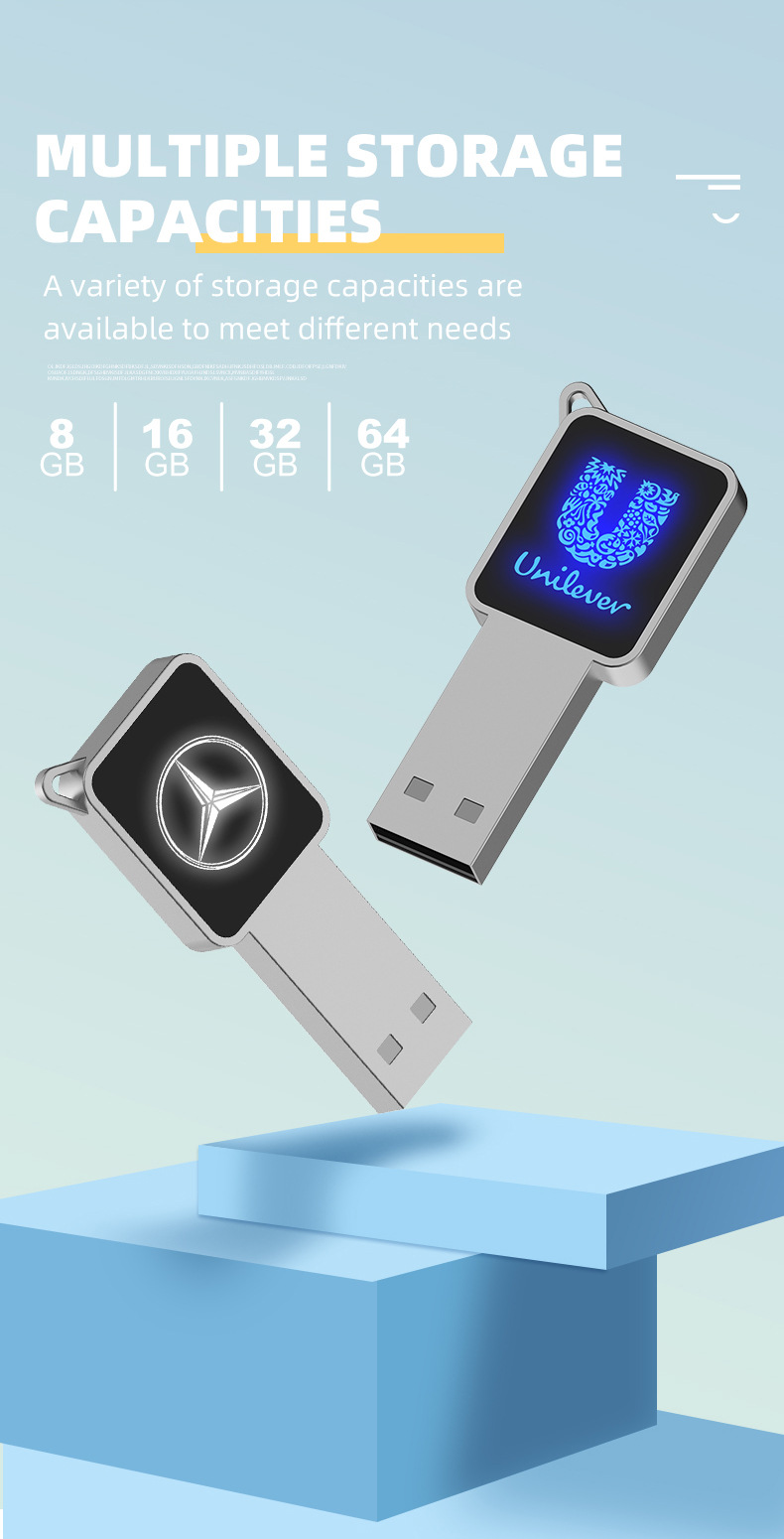 LED Light-up USB flash drive square latest hot-selling private model optional translucent color logo USB2.03.0 metal USB flash drive